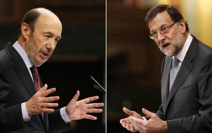 Rubalcaba y Rajoy durante el debate.