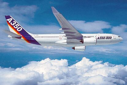 Representación del nuevo modelo de avión comercial A350-800 de Airbus.