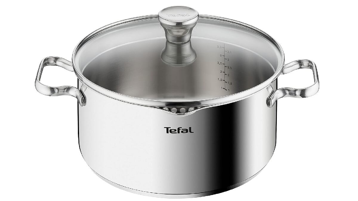 Tefal stainless steel saucepan with measurement marks.