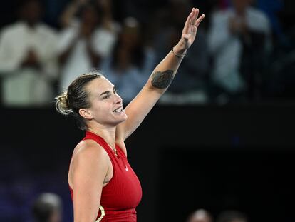 Aryna Sabalenka of Belarus celebrates her semifinal win over Coco Gauff of the USA on Day 12 of the Australian Open tennis tournament in Melbourne, Australia, 25 January 2024.