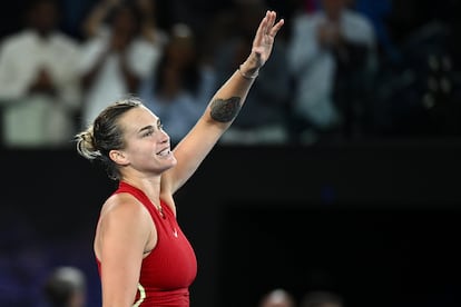 Aryna Sabalenka of Belarus celebrates her semifinal win over Coco Gauff of the USA on Day 12 of the Australian Open tennis tournament in Melbourne, Australia, 25 January 2024.