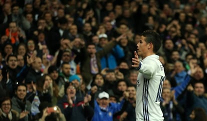 James celebra el primer gol ante el Sevilla.
