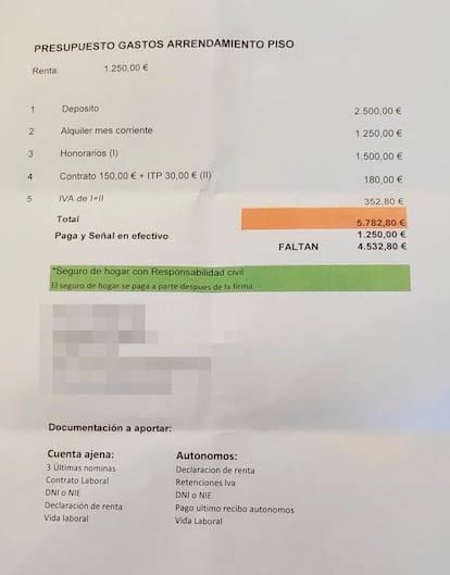 Documento con las exigencias de gastos y documentación que una agencia inmobiliaria de Barcelona entrega a los inquilinos que se interesan por un piso.
