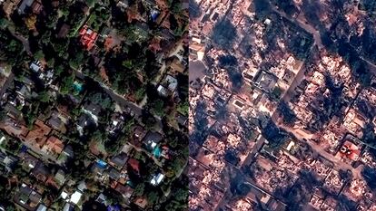 Imágenes por satélite muestran el antes y el después de un barrio residencial de California, Estados Unidos.