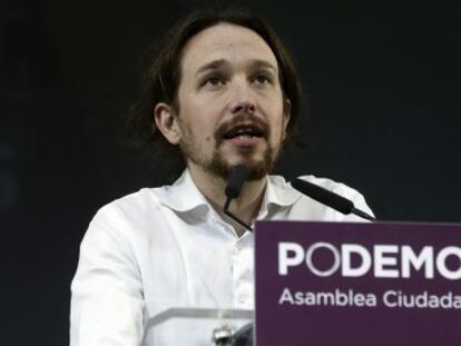 El l&iacute;der de Podemos, Pablo Iglesias, interviene durante el acto de clausura de la Asamblea Ciudadana.