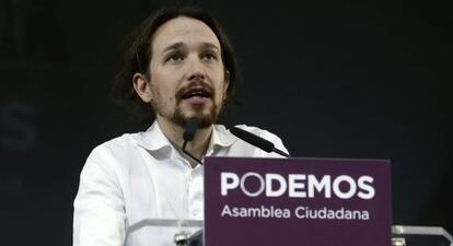 El l&iacute;der de Podemos, Pablo Iglesias, interviene durante el acto de clausura de la Asamblea Ciudadana.