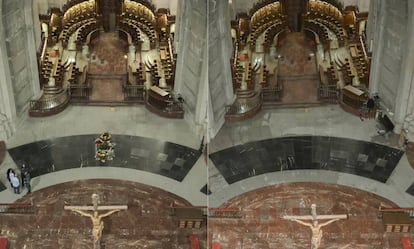 A la izquierda, el templo aún con la tumba, antes de la exhumación. A la derecha, la fosa tapada con losas negras de mármol sin inscripción.