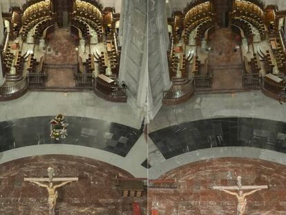 A la izquierda, el templo aún con la tumba, antes de la exhumación. A la derecha, la fosa tapada con losas negras de mármol sin inscripción.