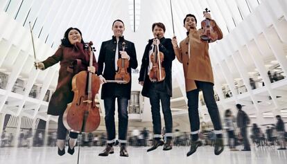 El elenco de Calidore String Quartet que se presentarán en el Auditorio con Cristina Gómez.