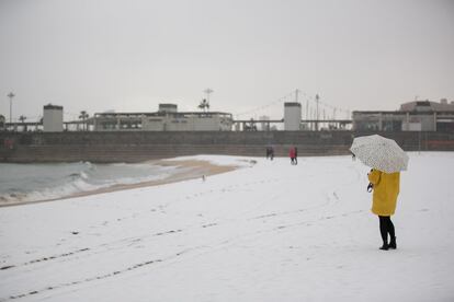 A woman out for a walk with her dog on the beach of Barcelona.