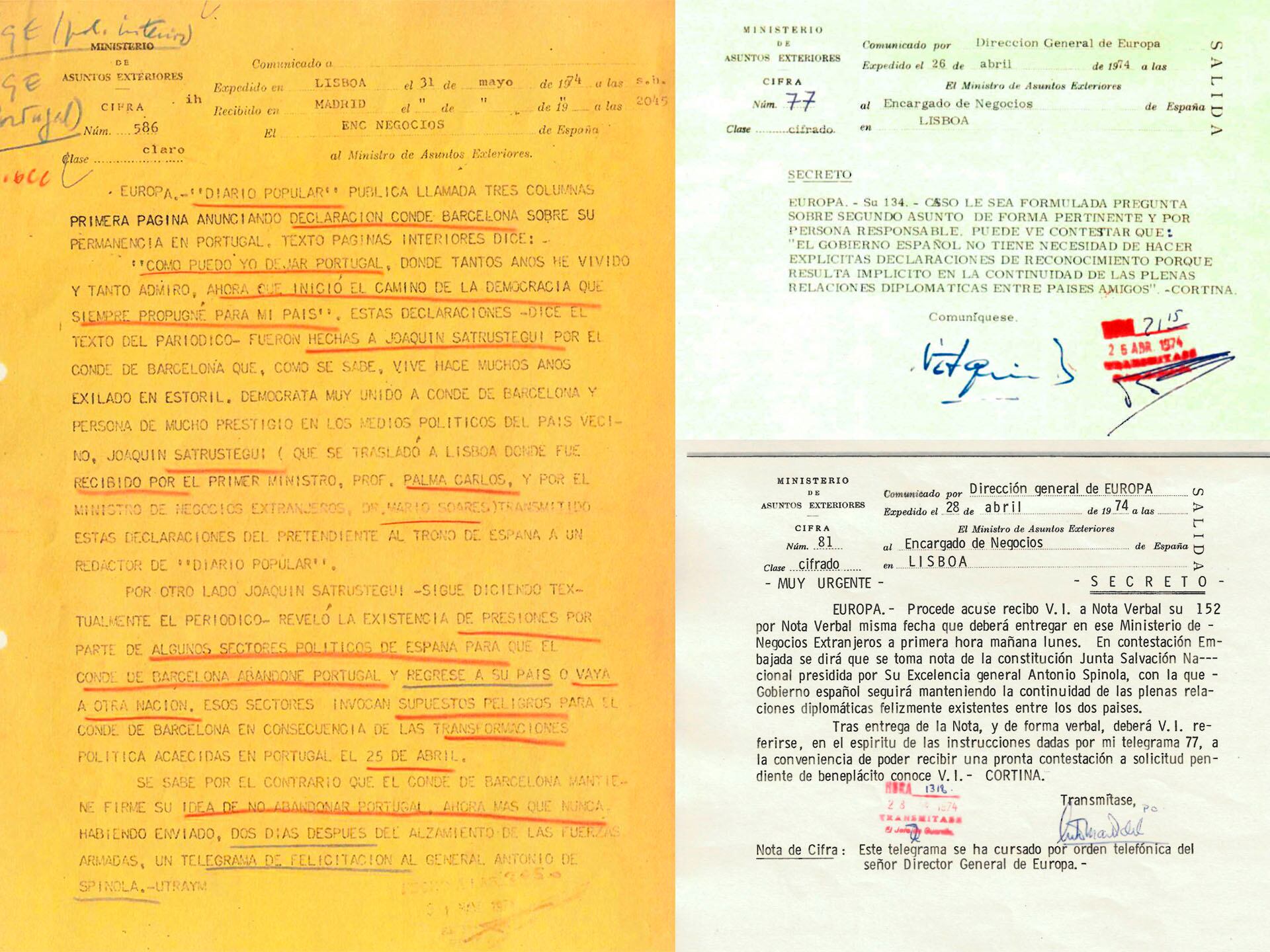 A la izquierda, nota del 31 de mayo de 1974. A la derecha, telegramas del 26 y 28 de abril. Los tres documentos secretos han sido desclasificados ahora, al cumplirse 50 años de la Revolución de los Claveles. 