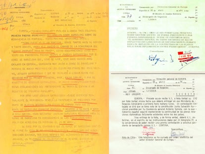 A la izquierda, nota del 31 de mayo de 1974. A la derecha, telegramas del 26 y 28 de abril. Los tres documentos secretos han sido desclasificados ahora, al cumplirse 50 años de la Revolución de los Claveles. 