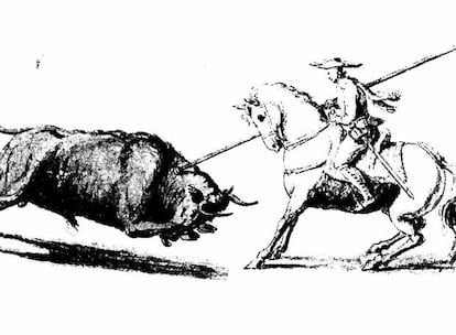 Imagen de un caballero rejoneador que intenta parar un toro, en un dibujo del siglo XVIII de Emmanuel de Witz.