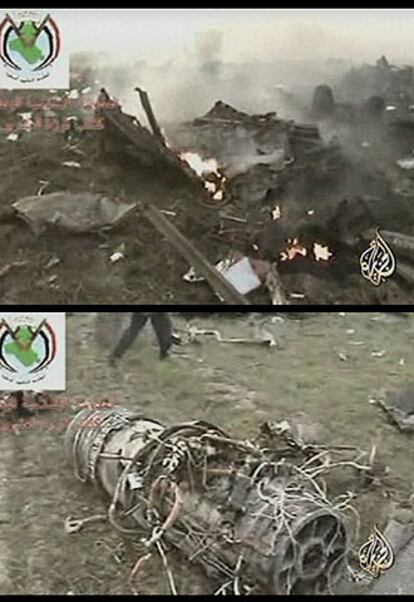 Imágenes de un grupo insurgente emitidas por Al Yazira en las que se ve el fuselaje del Hércules tras su derribo.