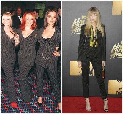 Las cinco Spice Girls lucían a juego este traje de nuevo de dos piezas esta vez para la presentación de su película en 1998. Gigi Hadid vestía un modelo similar en los MTV Movie Awards 2016, donde llamó la atención de todos por su inusual flequillo.