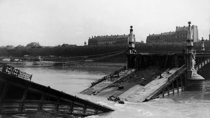 A bridge in Lyon over the Rhône river that was destroyed by the Germans in their 1944 retreat from the French city in order to complicate the Allies’ advance.