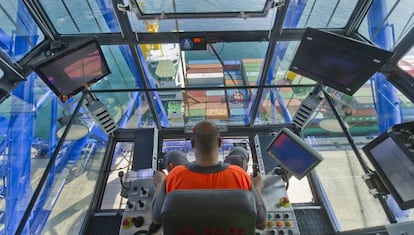 A crane operator at the port of Algeciras.