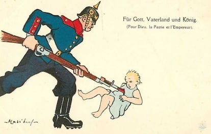 French propaganda from 1914 shows a German soldier bayonetting a child under the motto "For God, Fatherland and King."