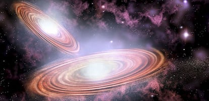 Ilustración del choque de dos galaxias que ha formado el doble agujero negro.