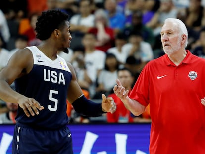 Popovich y Mitchell en el partido entre EEUU y Serbia en el Mundial de 2019.