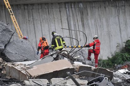 Miembros de los servicios de emergencia buscan entre los escombros tras derrumbarse una sección del viaducto Morandi en Génova (Italia).