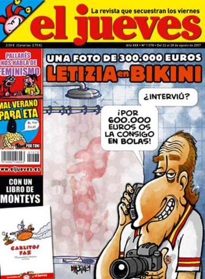 "La revista que secuestran los miércoles", escribió 'El Jueves' en su portada (en lugar del clásico "la revista que sale los miércoles") como irónica respuesta al incidente con la portada de los actuales Reyes. 