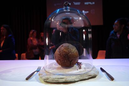A meatball made using genetic code from the mammoth is seen at the Nemo science museum in Amsterdam, Tuesday March 28, 2023.