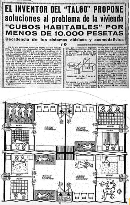 Arriba, noticia publicada en el diario 'Pueblo' con soluciones extremas para la repentina superpoblación de Madrid durante el éxodo rural. Abajo, un plano de las viviendas prefabricadas de De la Hoz y García de Paredes.