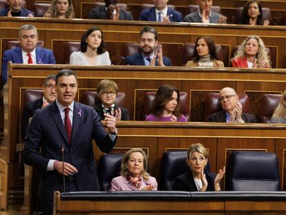 El presidente del Gobierno, Pedro Sánchez, interviene durante sesión de control al Gobierno, en el Congreso de los Diputados, a 8 de marzo de 2023.