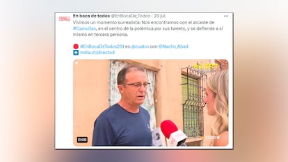 Captura de pantalla de un twit del porgrama 'En Boca de Todos' de Cuatro dónde el alcalde de Camuñas apareció haciéndose pasar por un vecino.