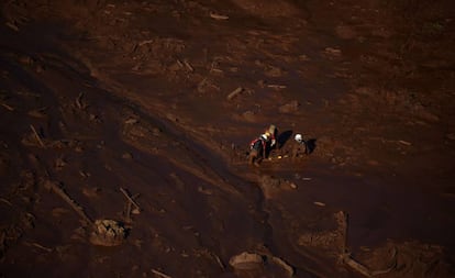 Bombeiros buscam corpos no Córrego do Feijão, em Brumadinho.