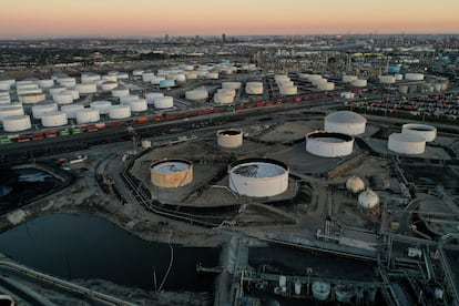 Storage tanks for crude oil, gasoline, diesel, and other refined petroleum products are seen at the Kinder Morgan Terminal, viewed from the Phillips 66 Company's Los Angeles Refinery in Carson, California, U.S