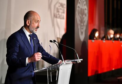 El presidente del Athletic, Aitor Elizegi, en la asamblea de este domingo.