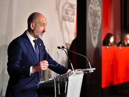 El presidente del Athletic, Aitor Elizegi, en la asamblea de este domingo.