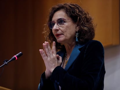 María Jesús Montero, durante su intervención en el Comité de Personas Expertas para la Reforma Fiscal celebrado en Madrid, este lunes.