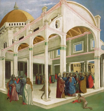 <i>La curación del niño endemoniado y la traición de Judas</i>, pintada en 1425-26 por Francesco d'Antonio, pintor que vivió desde finales del siglo XIV hasta 1433. El lienzo se encuentra en el Museo de Arte de Filadelfia. Pintar arquitecturas significaba establecer la escena del movimiento o de la posición de las figuras, señalan los organizadores de la exposición.