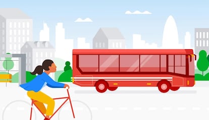 Imagen de uso de una bici con un autobús al fondo