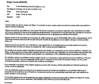 El 2 de abril de 2006, apenas unos días después de haber dejado la junta directiva del Instituto Nóos, Iñaki Urdangarin recibe un correo de Antoni Ballabriga, exdirectivo de Nóos y alto cargo del BBVA, informa en un correo a Urdangarin y a Torres de que el entonces secretario de organización del PSOE, José Blanco, "habló" con el también socialista Juan Ignasi Pla, entonces jefe de la oposición en Valencia, para "desactivar el tema de las preguntas parlamentarias". En abril de 2006 se habían comenzado a cuestionar los convenios millonarios para organizar el Valencia Summit. Blando, según Ballabriga, se encargó de silenciar el asunto. "Están tratando de hacer una comunicación personal con la diputada que solicitó la información".