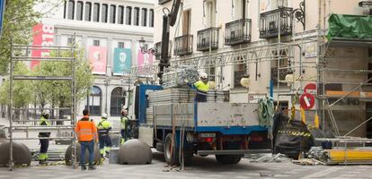 Obras de rehabilitación en un edificio del centro de Madrid.