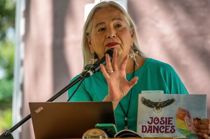 Denise Lajimodiere speaks at the Minnesota Children's Book Festival in Red Wing, Minn., on Sept. 18, 2021