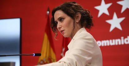 La presidenta de la Comunidad de Madrid, Isabel Díaz Ayuso, hoy en su comparecencia pública.