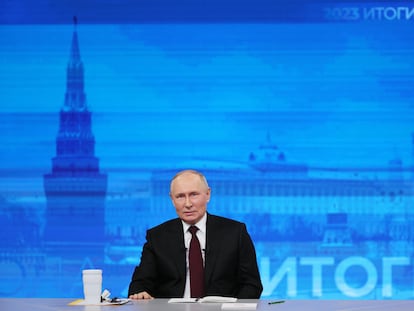 Russian President Vladimir Putin during his annual live broadcast press conference with Russian and foreign media at the Gostiny Dvor forum hall in Moscow, Russia, December 14 2023.