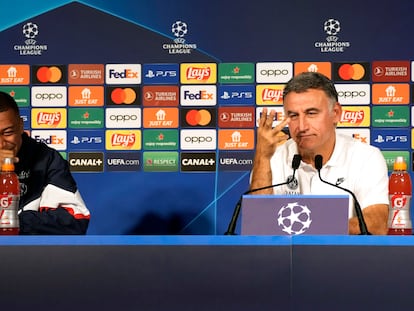 Kylian Mbappe y Christophe Galtier, en la rueda de prensa del lunes.