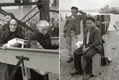 A la izquierda, tres mujeres embarcan en el puerto de A Coruña en 1962. A la derecha, imagen de dos niños que perdieron el barco en la dársena coruñesa en 1960.