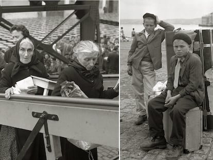 A la izquierda, tres mujeres embarcan en el puerto de A Coruña en 1962. A la derecha, imagen de dos niños que perdieron el barco en la dársena coruñesa en 1960.