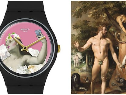 A la izquierda, uno de los relojes de la colección Swatch x Rijksmuseum inspirado en el cuadro ‘La caída del hombre’, de Cornelis Corneliz (a la derecha).