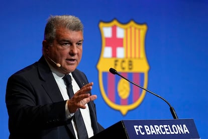 Joan Laporta, durante una rueda de prensa el 9 de febrero en Barcelona.