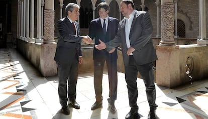 Homs, Puigdemont y Junqueras, este jueves en la Generalitat.  