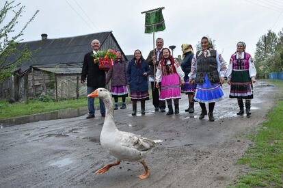 Un ganso cruza la carretera mientras un grupo de aldeanos bielorrusos participan en el rito religioso de Yurya para lograr una buena cosecha, en el pueblo de Lutki, a unos 270 km al sur de Minsk.