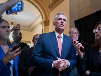 Speaker of the House Kevin McCarthy walks with reporters after votes in the House, at the Capitol in Washington, on June 22, 2023.